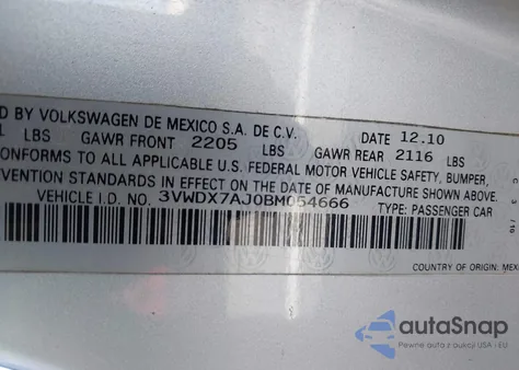 2011 Volkswagen Jetta 2.5L Se z USA, uszkodzony, nr VIN 3VWDX7AJ0BM054666